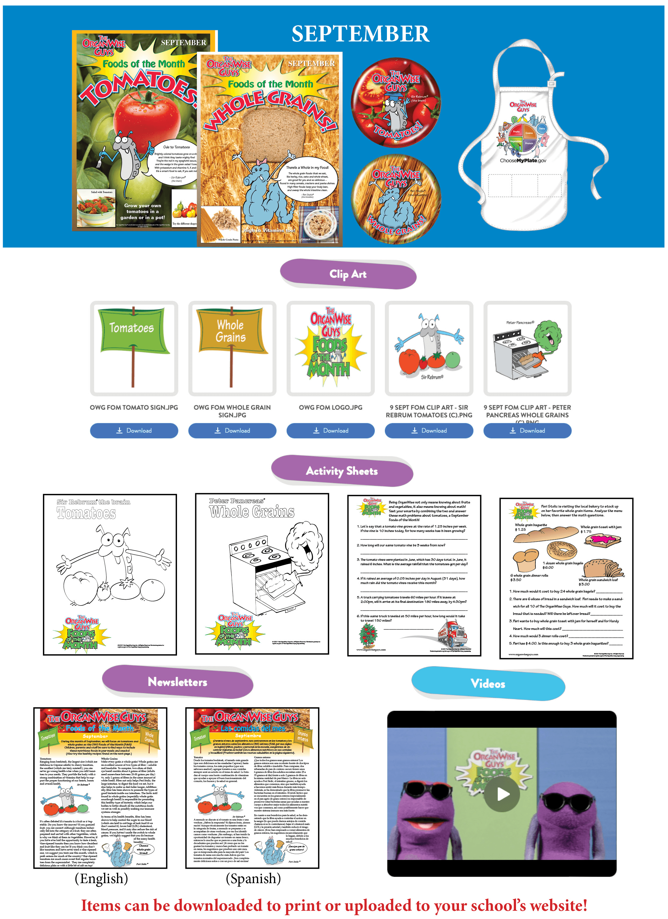 The OrganWise Guys Elementary School OnLine Content Chart
